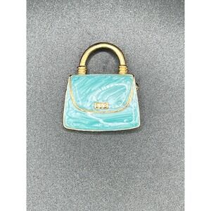 Vtg Enamel Handbag Purse Charm Pin Gold Tone Turquoise Rhinestone Classy Chic